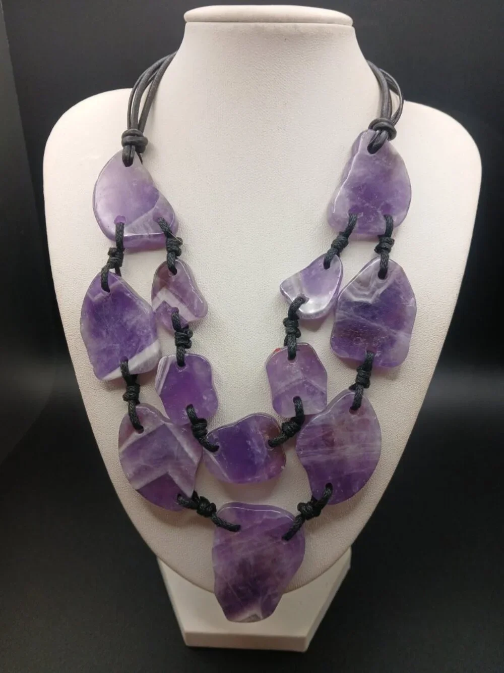 VTG Coldwater Creek Leather & Polished Purple Violet Stone (Amethyst) Necklace